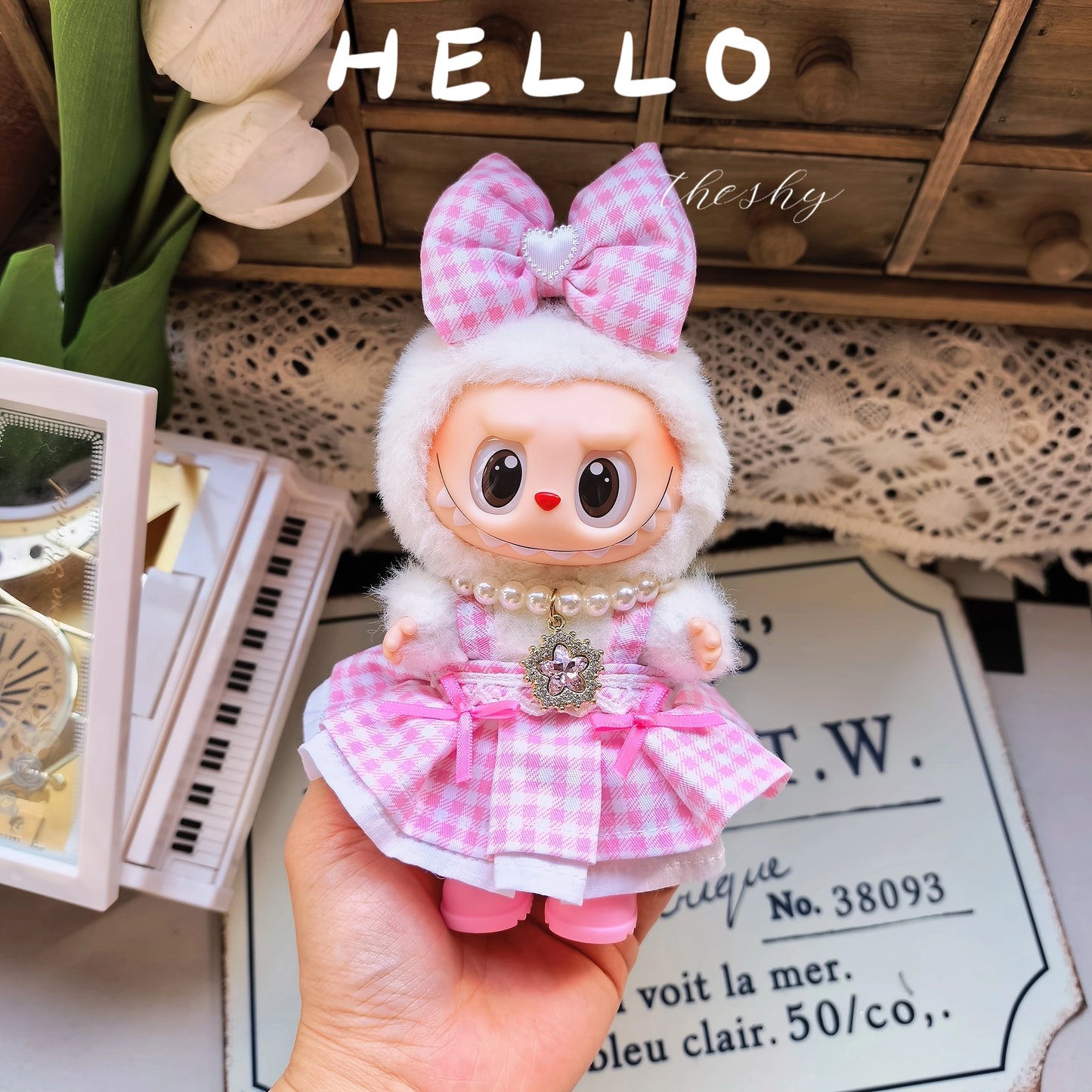 17cm Labubu Gen1-3 Elf Outfit - Green Dress & Hair Clip for Vinyl Doll Clothes