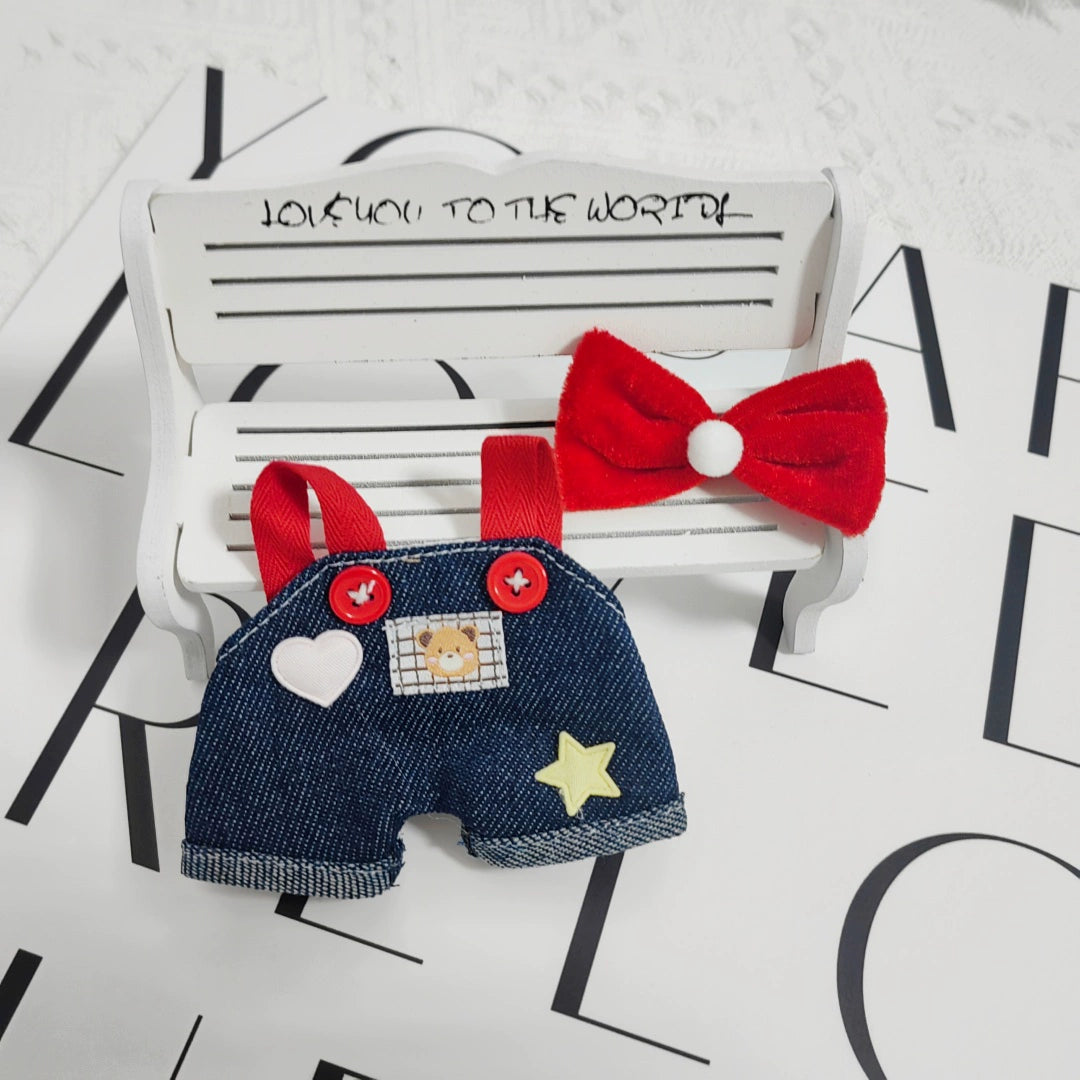 Bear Overalls + Red Bow + Black Mini Camera Outfit for 17cm La Boo Boo Blind Box Doll Change Clothes