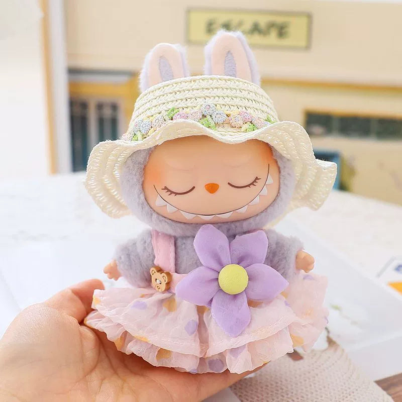 Pop Mart LABUBU Summer Outfit Set - Mint Green Dress with Bow & Straw Hat for 1st/2nd/3rd Gen Blind Box Figures, Fresh Seasonal Doll Clothes (17cm)