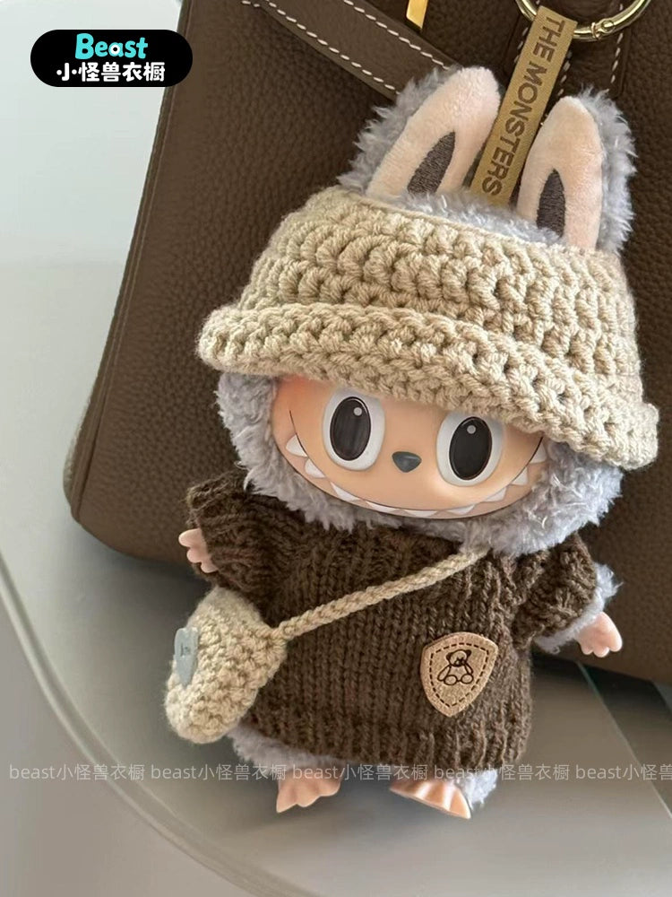 POP MART Labubu 17cm Doll Clothes - Brown Bear Knit Sweater w/Crossbody Bag for Gen 1/2/3 Figures (No Doll Included) | Cotton & Vinyl Keychain Outfit