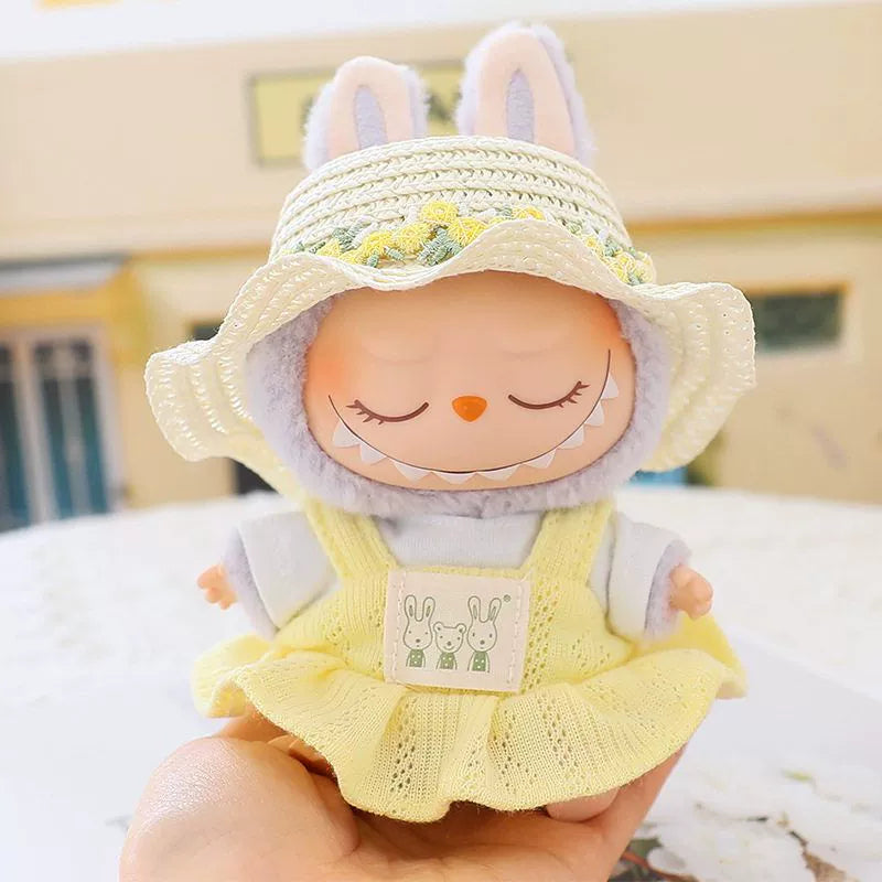 Pop Mart LABUBU Summer Outfit Set - Mint Green Dress with Bow & Straw Hat for 1st/2nd/3rd Gen Blind Box Figures, Fresh Seasonal Doll Clothes (17cm)