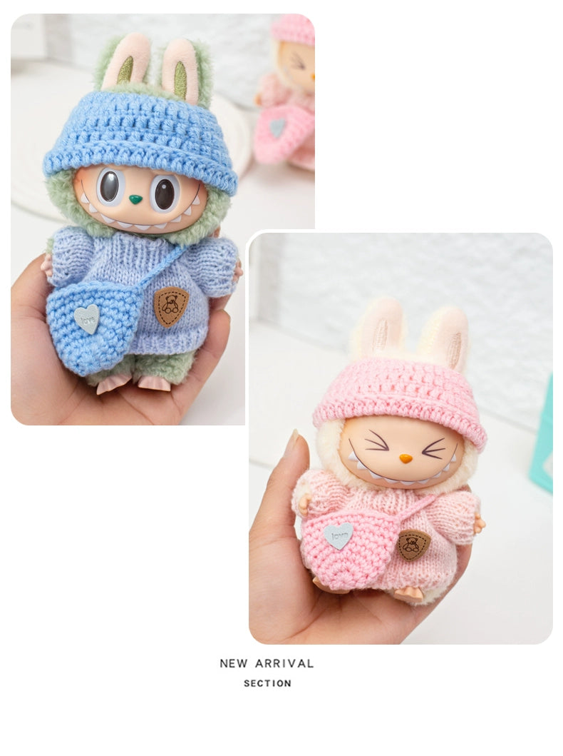 17cm Labubu Gen 1-3 Handmade Knit Sweater Set | Khaki Beanie + Cable-Knit Sweater + Detachable Heart Shoulder Bag | Vinyl/Plush-Compatible Clothes Only for Collectible Dolls