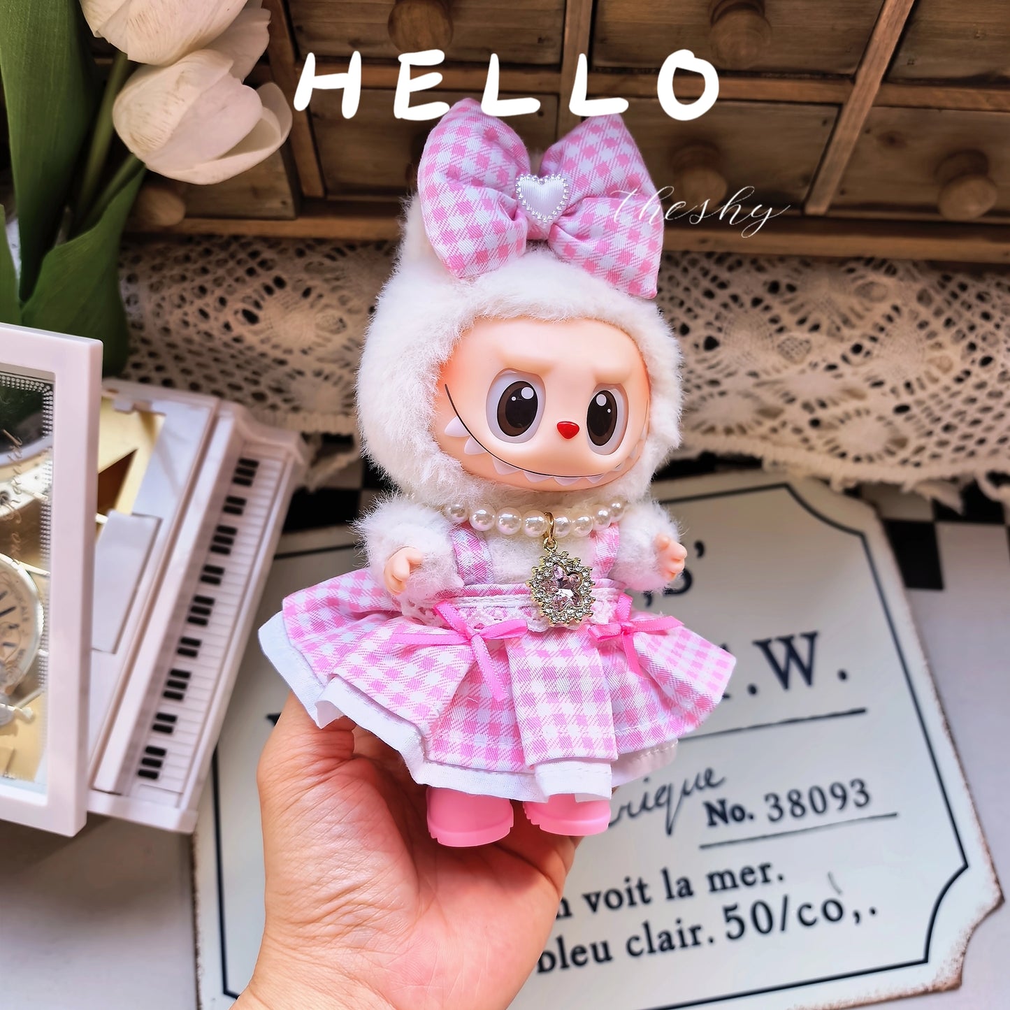 17cm Labubu Gen1-3 Elf Outfit - Green Dress & Hair Clip for Vinyl Doll Clothes