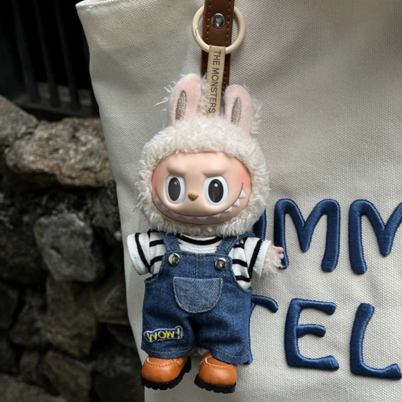17cm Labubu Gen 1-3 Handmade Classic Denim & Striped Collection | Vinyl/Plush-Compatible Multi-Piece Set with Embroidery & Accessories