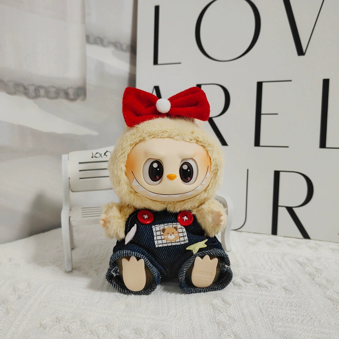 Bear Overalls + Red Bow + Black Mini Camera Outfit for 17cm La Boo Boo Blind Box Doll Change Clothes