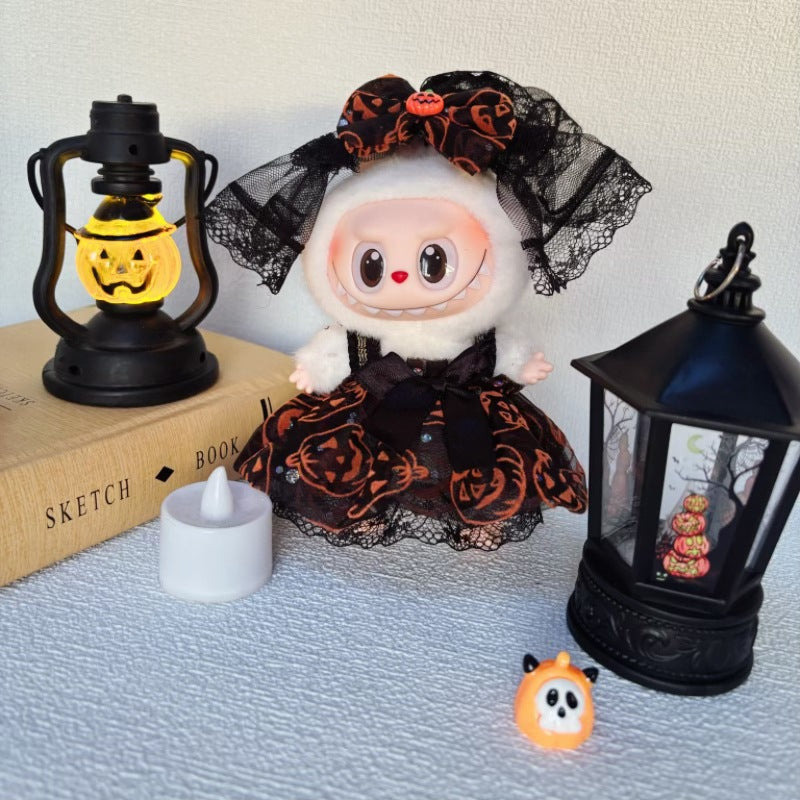 Spooky Bride Labubu Outfit - Lace Trimmed Pumpkin Pattern Black Dress with Detachable Veil (No Doll)