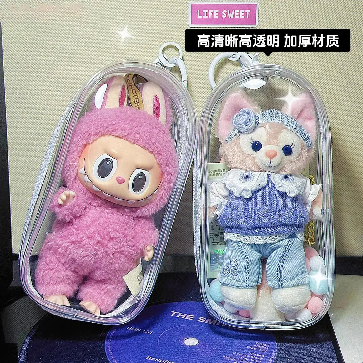 labubu搪胶迷你痛包外出包透明防盗硅胶绳15cm遛娃包娃娃收纳包