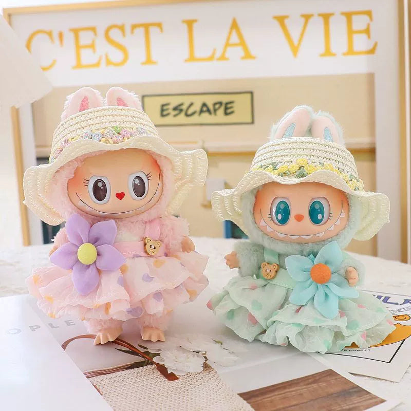 Pop Mart LABUBU Summer Outfit Set - Mint Green Dress with Bow & Straw Hat for 1st/2nd/3rd Gen Blind Box Figures, Fresh Seasonal Doll Clothes (17cm)