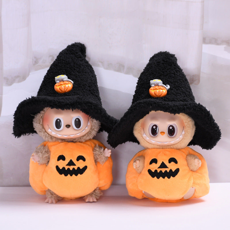 17cm Labubu 1st-2nd Gen Keychain Clothes Only | Halloween Pumpkin Costume Set with Black Witch Hat | Replacement Outfits for Vinyl Dolls