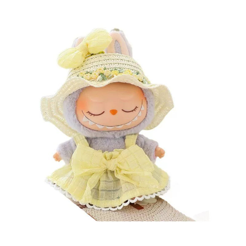 Pop Mart LABUBU Summer Outfit Set - Mint Green Dress with Bow & Straw Hat for 1st/2nd/3rd Gen Blind Box Figures, Fresh Seasonal Doll Clothes (17cm)