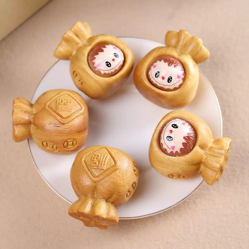 LABUBU Carved Wooden Pendant - 3D Lucky Charm for DIY Jewelry & Keychains