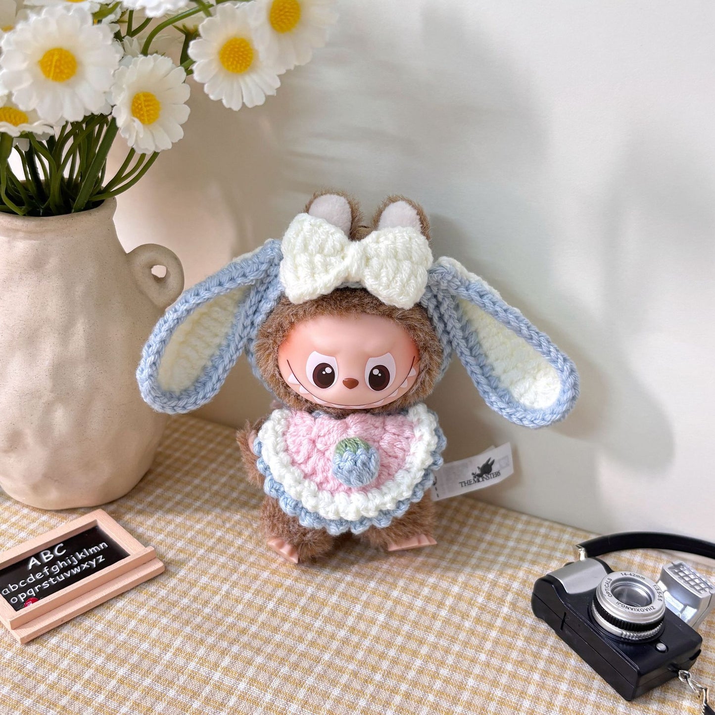 10.5cm Labubu 4th Gen Heart Code Collection Butter Bear Style Vinyl Outfit Set | 2-Piece Overalls & Bear Hat Replacement Clothes for Mini Keychain Charms