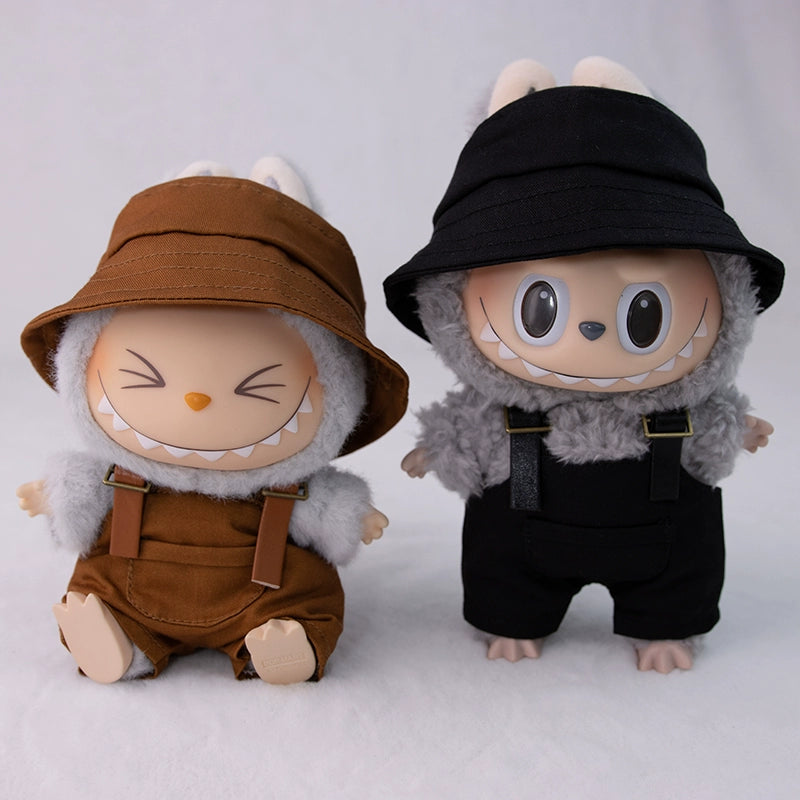 17cm Labubu Outfit Set - Khaki Overalls & Fisherman Hat for Fashion Vinyl Doll