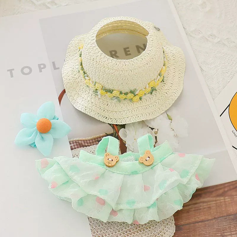 Pop Mart LABUBU Summer Outfit Set - Mint Green Dress with Bow & Straw Hat for 1st/2nd/3rd Gen Blind Box Figures, Fresh Seasonal Doll Clothes (17cm)