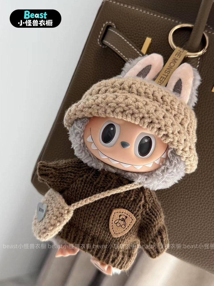 POP MART Labubu 17cm Doll Clothes - Brown Bear Knit Sweater w/Crossbody Bag for Gen 1/2/3 Figures (No Doll Included) | Cotton & Vinyl Keychain Outfit