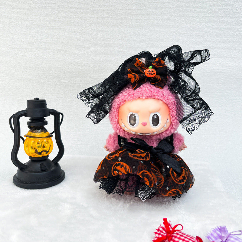 Spooky Bride Labubu Outfit - Lace Trimmed Pumpkin Pattern Black Dress with Detachable Veil (No Doll)