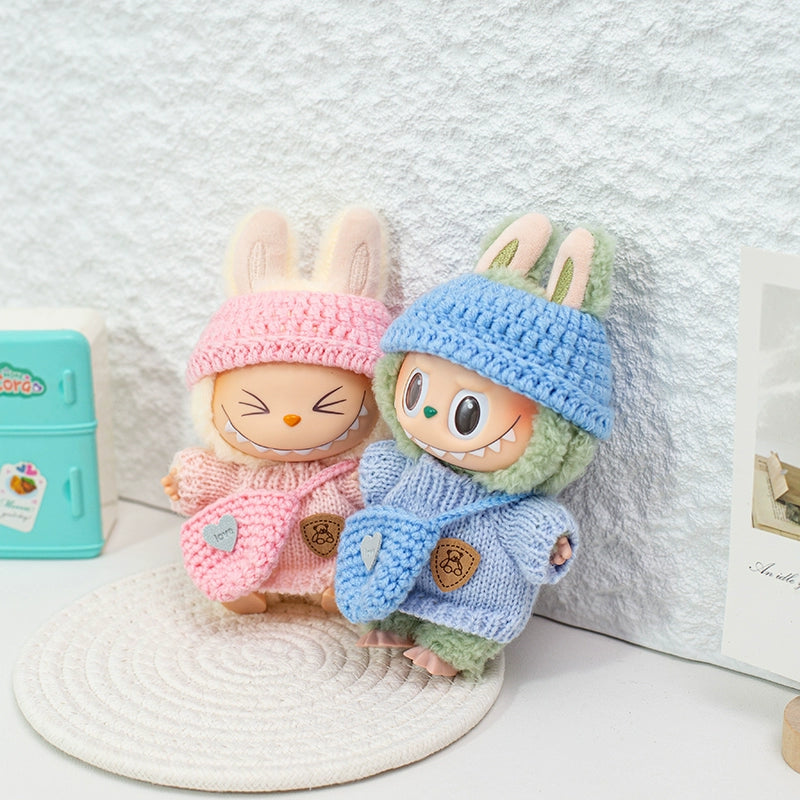 17cm Labubu Gen 1-3 Handmade Knit Sweater Set | Khaki Beanie + Cable-Knit Sweater + Detachable Heart Shoulder Bag | Vinyl/Plush-Compatible Clothes Only for Collectible Dolls