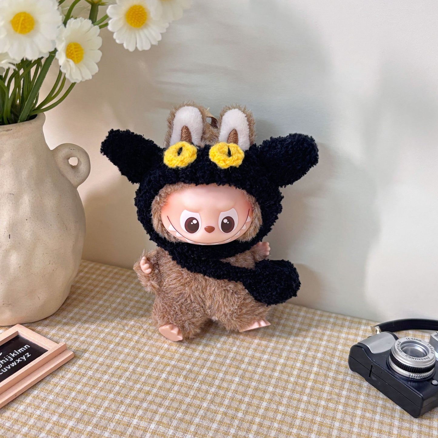 10.5cm Labubu 4th Gen Heart Code Collection Butter Bear Style Vinyl Outfit Set | 2-Piece Overalls & Bear Hat Replacement Clothes for Mini Keychain Charms