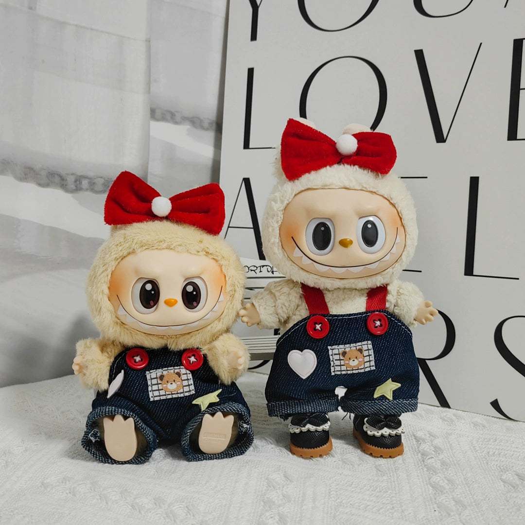 Bear Overalls + Red Bow + Black Mini Camera Outfit for 17cm La Boo Boo Blind Box Doll Change Clothes