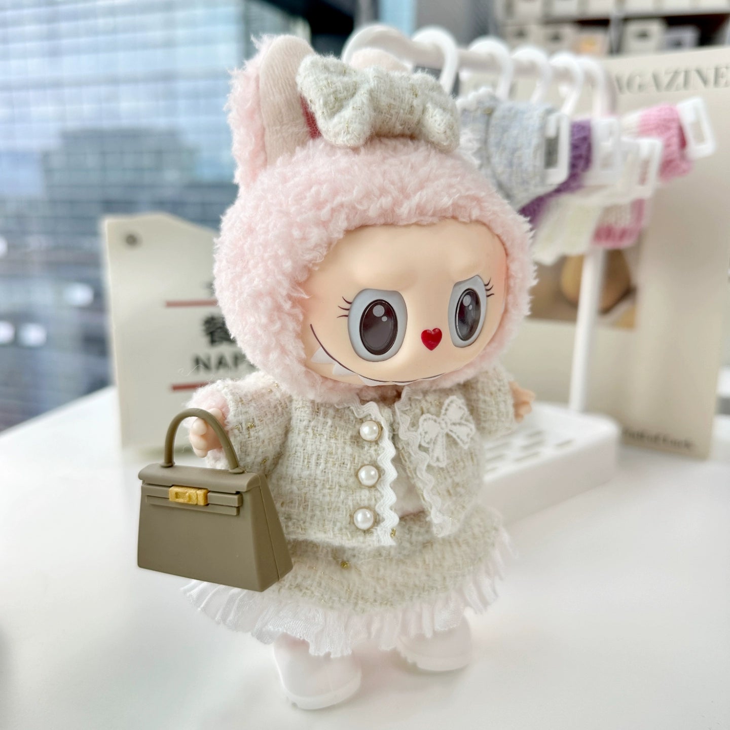 POP MART Labubu 17cm Doll Clothes - Pink Chanel-Style 4-Piece Set w/Purse for Blind Box Figures (No Doll Included) | Luxury Vinyl Keychain Outfit
