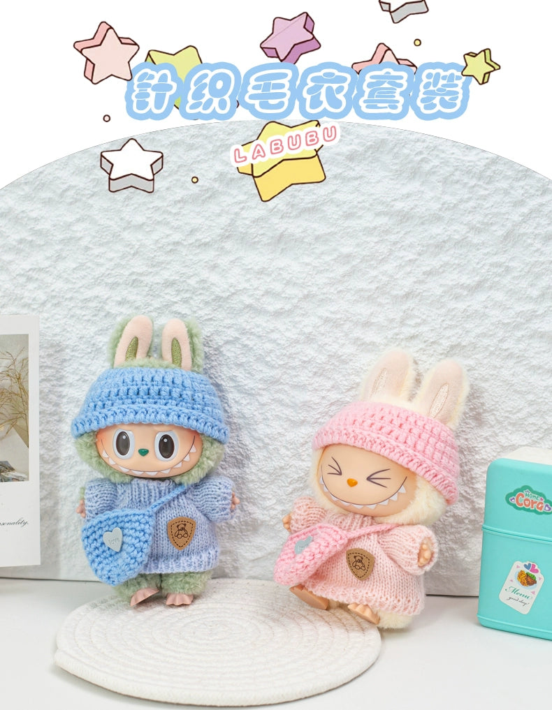 17cm Labubu Gen 1-3 Handmade Knit Sweater Set | Khaki Beanie + Cable-Knit Sweater + Detachable Heart Shoulder Bag | Vinyl/Plush-Compatible Clothes Only for Collectible Dolls