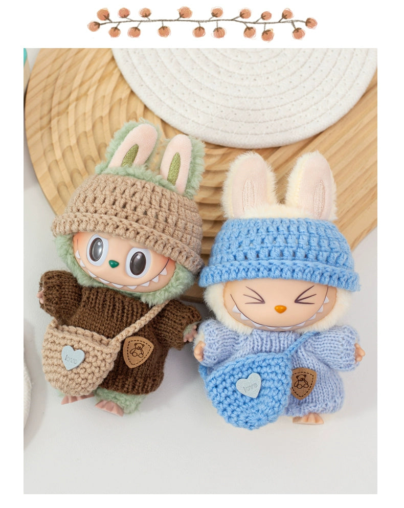 17cm Labubu Gen 1-3 Handmade Knit Sweater Set | Khaki Beanie + Cable-Knit Sweater + Detachable Heart Shoulder Bag | Vinyl/Plush-Compatible Clothes Only for Collectible Dolls