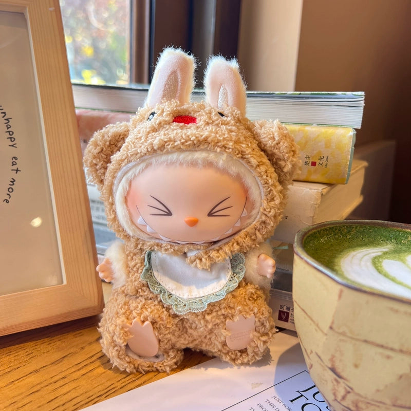 Doll Clothes for Sitting LABUBU, Brown Knitted 3-piece Set - Cute Cartoon Outfits for 17CM POP MART Blind Box Plush Doll