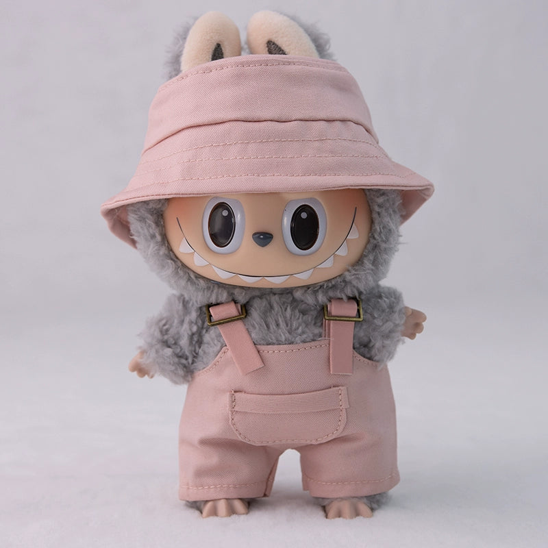 17cm Labubu Outfit Set - Khaki Overalls & Fisherman Hat for Fashion Vinyl Doll