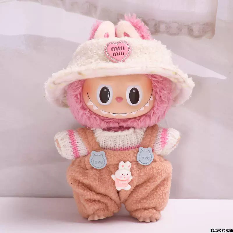 17cm Labubu Gen 1-3 Universal Fit Handmade Pink Bunny 3-Piece Set | Overalls + Hat + Mini Thermos Cup | Vinyl/Plush-Compatible Clothes Only for Collectible Dolls