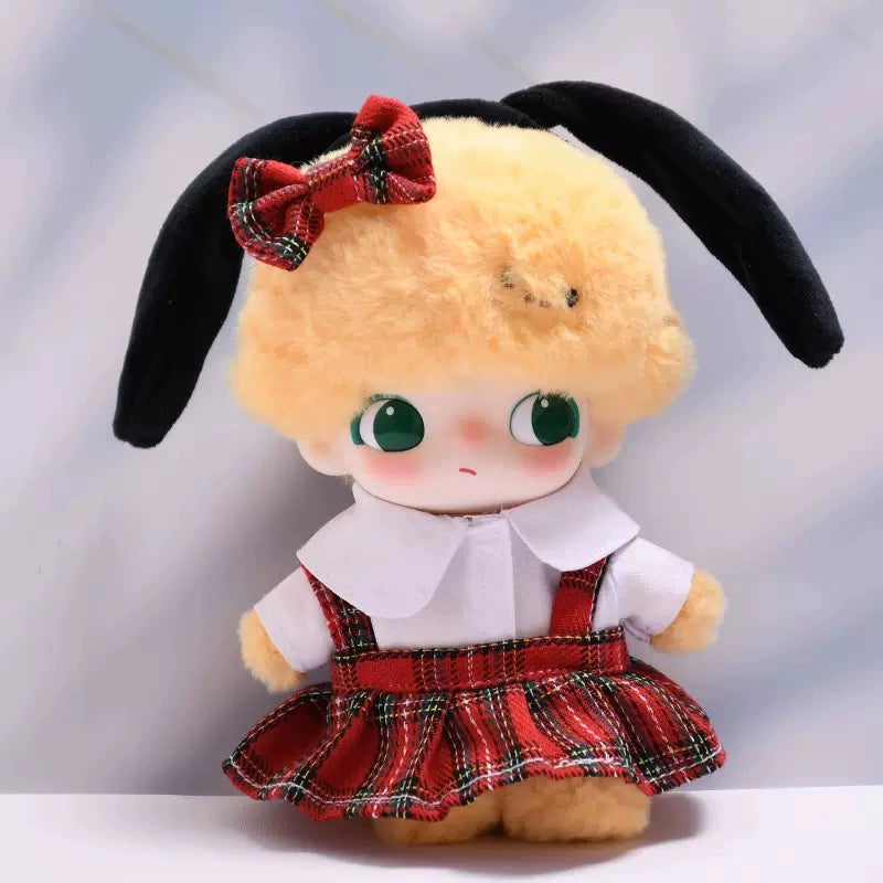 DIMOO WORLD Plush Keychain Doll Outfit - Star Denim Overalls & Red Bow Set for Labubu Doll Clothes