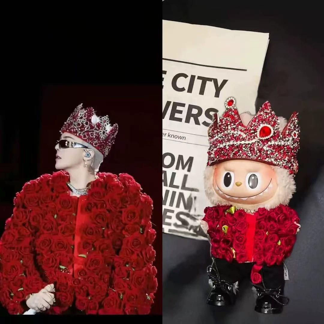 Handmade 17cm Labubu G-Dragon's Concert Red Rose Crown Outfit Set