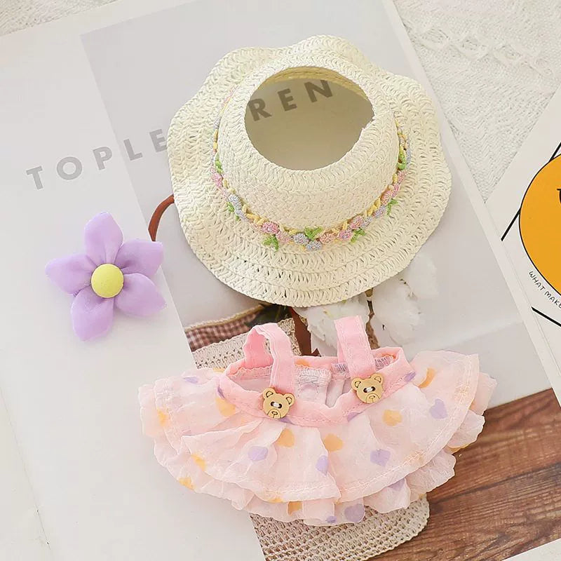 Pop Mart LABUBU Summer Outfit Set - Mint Green Dress with Bow & Straw Hat for 1st/2nd/3rd Gen Blind Box Figures, Fresh Seasonal Doll Clothes (17cm)