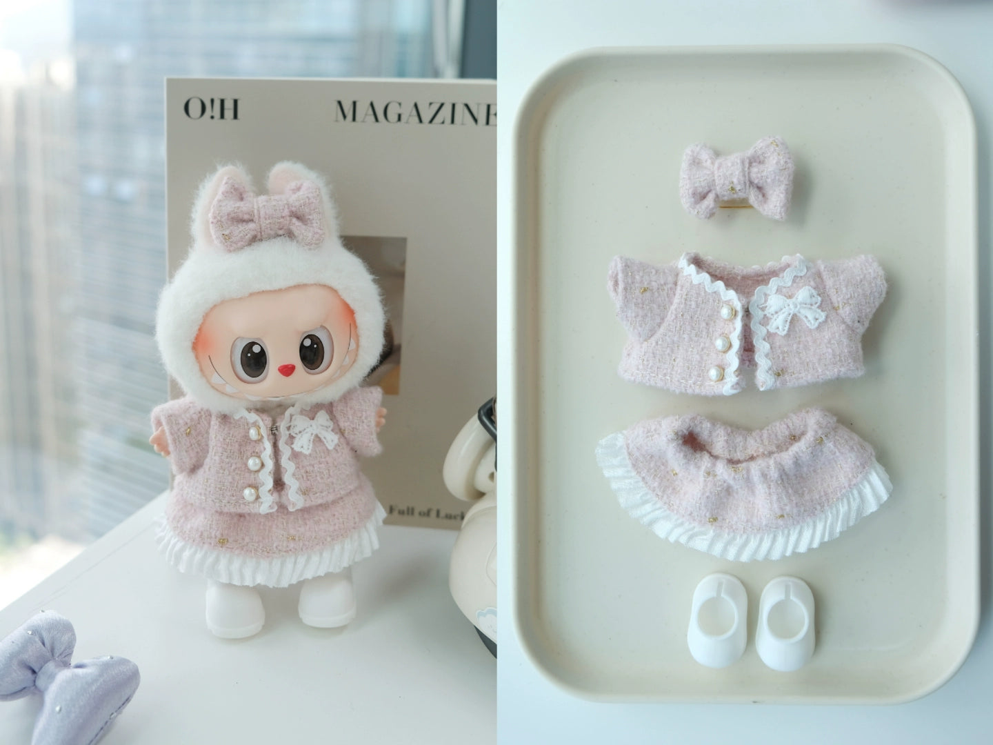 POP MART Labubu 17cm Doll Clothes - Pink Chanel-Style Dress & Purse Set for Blind Box Figures (No Doll/Shoes Included) | Vinyl Keychain Outfit