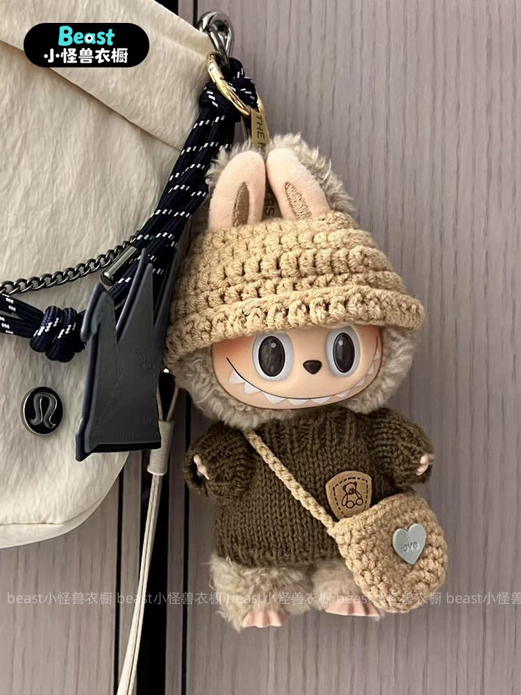 POP MART Labubu 17cm Doll Clothes - Brown Bear Knit Sweater w/Crossbody Bag for Gen 1/2/3 Figures (No Doll Included) | Cotton & Vinyl Keychain Outfit