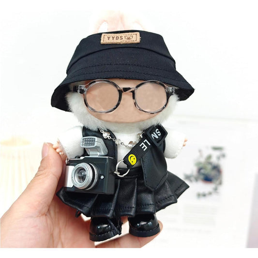 8-Piece Set Doll Clothes for LABUBU, Skirt, 2 Pcs Tops, Glasses, Necklace, Hat, Shoes, Camera, Premium Clothing Accessories Set, No Doll (Black)