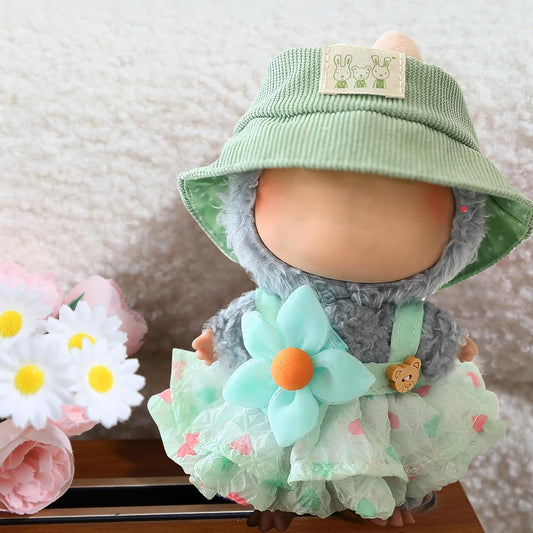 LABUBU CLOTHES, Clothes for Dolls Outfits, Accessories for 17cm Dolls Clothes, Cute Bear Dress + Casual Hat, Stylish Adorable Dolls Clothes Accessories (No Doll) (Green)