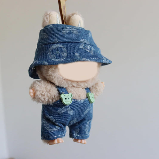 LABUBU CLOTHES, Denim Overalls & Hat Set - Blue Jeans Casual Outfit with Knit Print for 17cm Doll Clothes Compatible with LABUBU(No Doll)