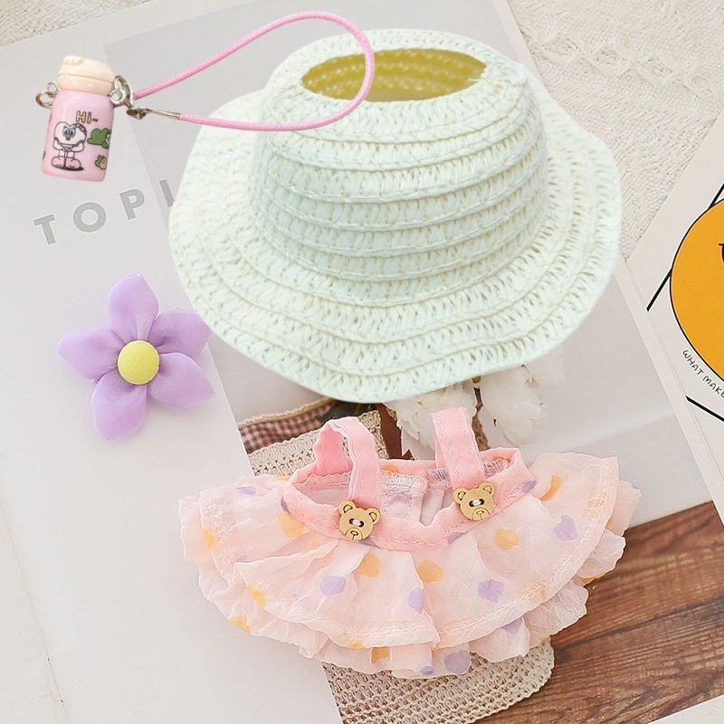 Pop Mart LABUBU Summer Outfit Set - Mint Green Dress with Bow & Straw Hat for 1st/2nd/3rd Gen Blind Box Figures, Fresh Seasonal Doll Clothes (17cm)