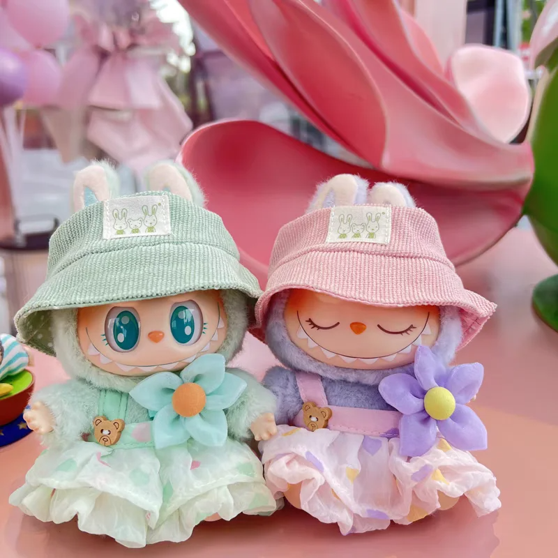 17cm Labubu Doll Outfit Set with Wrinkled Skirt Flower Hairpin Fisherman Hat