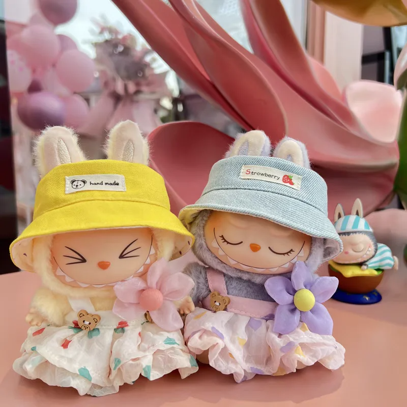 17cm Labubu Doll Outfit Set with Wrinkled Skirt Flower Hairpin Fisherman Hat