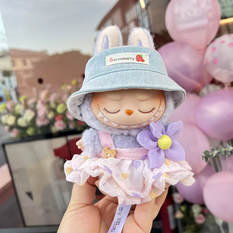 17cm Labubu Doll Outfit Set with Wrinkled Skirt Flower Hairpin Fisherman Hat