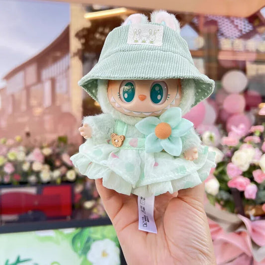 17cm Plush Doll LABUBU Clothes Outfits Wrinkled Skirt Flower Hairpin Set Fisherman Hat