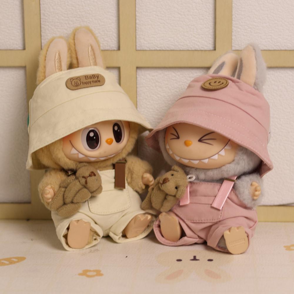15-17cm Labubu Sitting Party Outfit - Series 1/2/3 Doll Clothes for Vinyl Figures - Khaki Overalls & Fisherman Hat