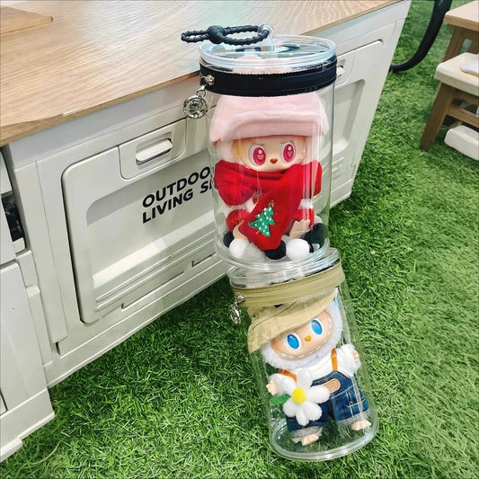 2025 New Pop Mart Labubu Mini Can Bag | Clear Acrylic Storage Display Case with Detachable Shoulder Strap | Fits 15-17cm Plush Dolls & Blind Box Figures