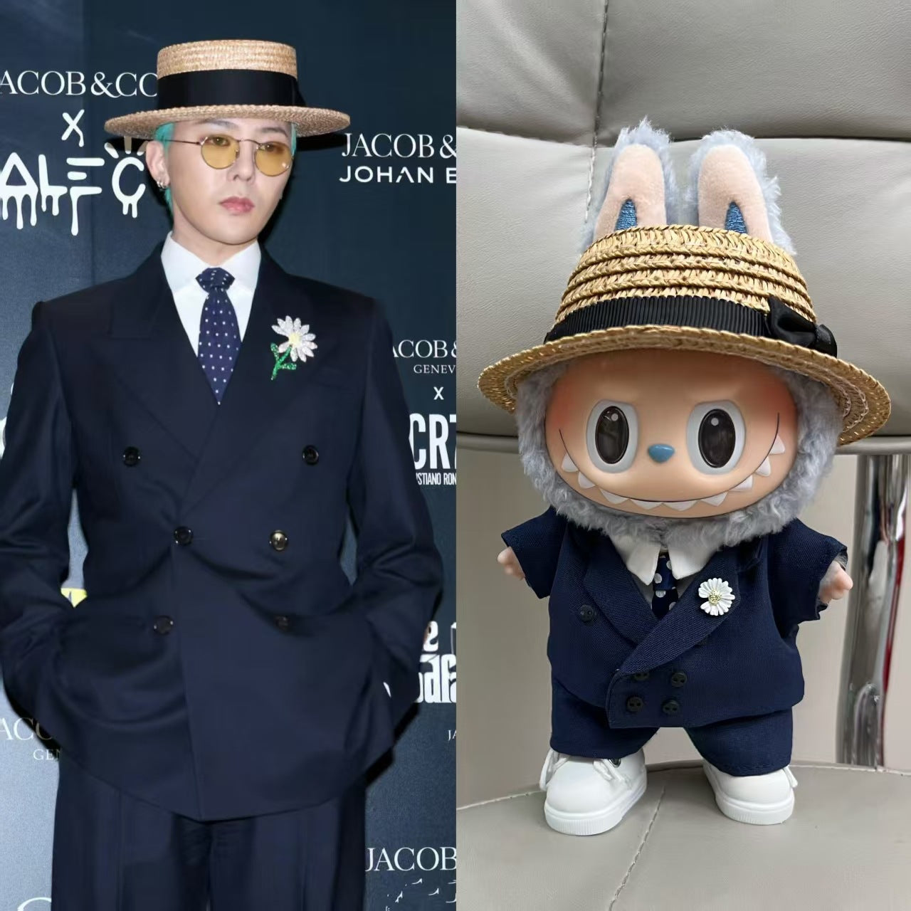 Handmade LABUBU Clothes (17CM), G-Dragon Style Navy Blue Suit Outfit – Korean GD Fashion Style Doll Clothes
