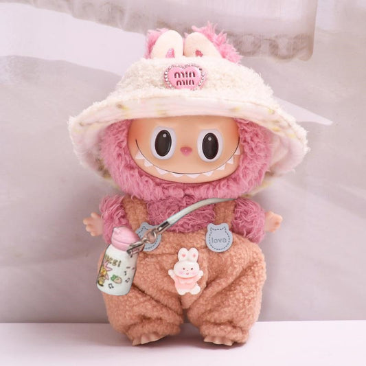 17cm Labubu Gen 1-3 Universal Fit Handmade Pink Bunny 3-Piece Set | Overalls + Hat + Mini Thermos Cup | Vinyl/Plush-Compatible Clothes Only for Collectible Dolls