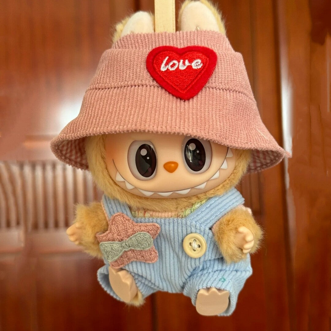 Pink Love Hat W/ Blue Corduroy Overalls & Star Patch for Labubu Doll Outfit