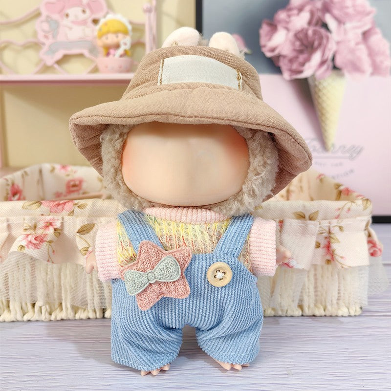 Labubu Denim Overalls Set - Cute Jumpsuit & Fisherman Hat for Vinyl Doll Clothes