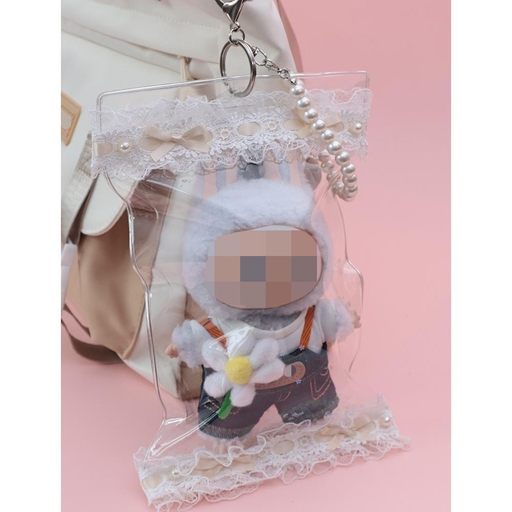 17cm Labubu Gen 1-3 Clear Acrylic Dust-Proof Display Case with Detachable Strap & Keychain Charm | Vinyl/Plush-Compatible Transparent Tote for Collectible Dolls & Accessories