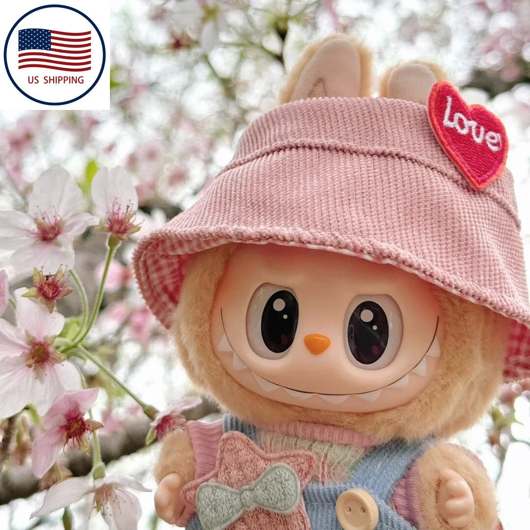Pink Love Hat W/ Blue Corduroy Overalls & Star Patch for Labubu Doll Outfit